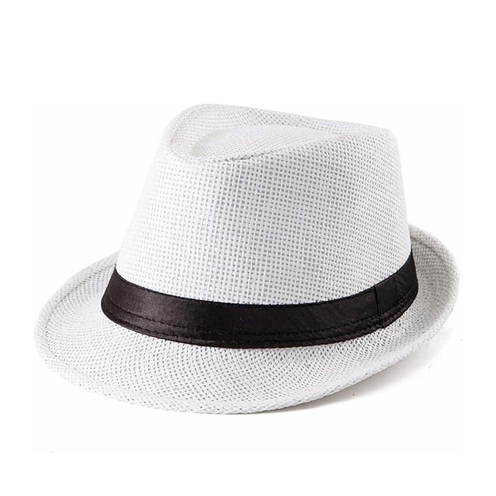 3499 Straw Fedora Hat Panama Hat Short Brim Summer Sun Hat Black Belt-White